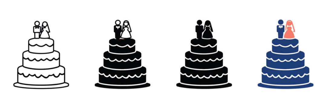 Wedding cake icon set with bride and groom toppers, tiered marriage dessert vector illustrations, celebratory party cake symbols in four styles