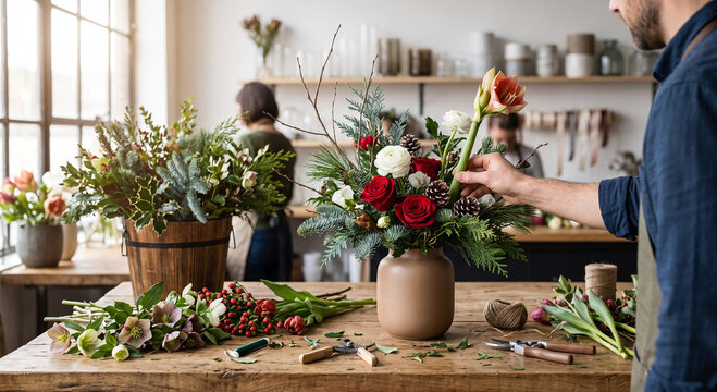 Professional florist arranging colorful flowers in a flower shop