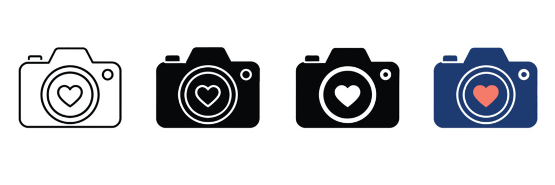 Minimalist camera icon set with heart symbol, photography love vector graphics, digital slr camera symbols for social media and wedding blogs