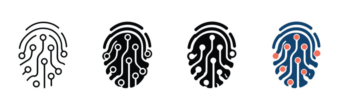 Digital fingerprint biometric icon set, cyber security circuit board thumbprint symbols, 4 high tech identity verification vector graphics