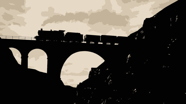 Silhouette Steam Train Crossing Stone Bridge, Vintage Journey