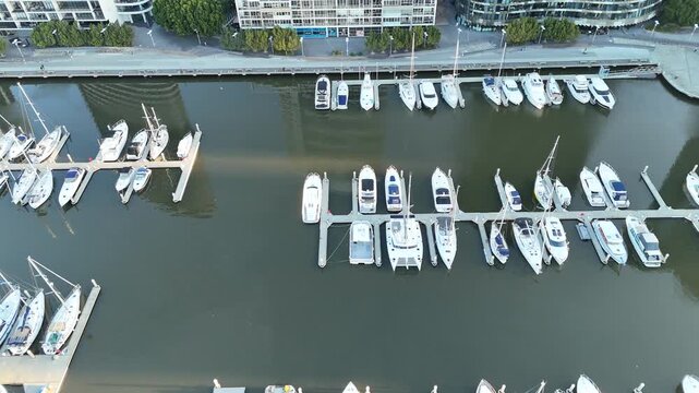 Melbourne CBD, Victoria, Australia &ndash; 4K aerial drone view of modern city skyline, Yarra River, Docklands marina, luxury yachts, skyscrapers and waterfront architecture
