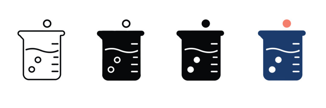Scientific beaker icon set, laboratory glassware with liquid and bubbles, chemistry experiment vector symbols for education and research