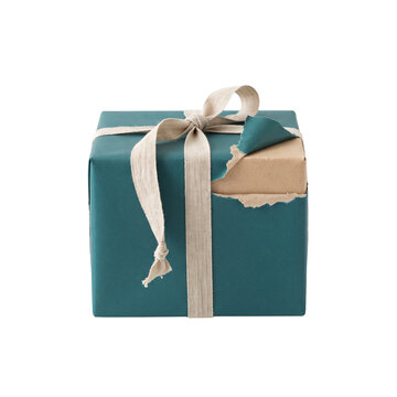 Teal gift box with torn wrapping paper on transparent background