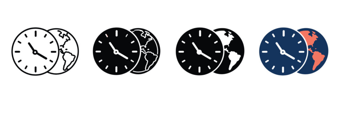 World clock icon set with globe, international time zone symbols in vector format, global business timing and scheduling graphics for web design
