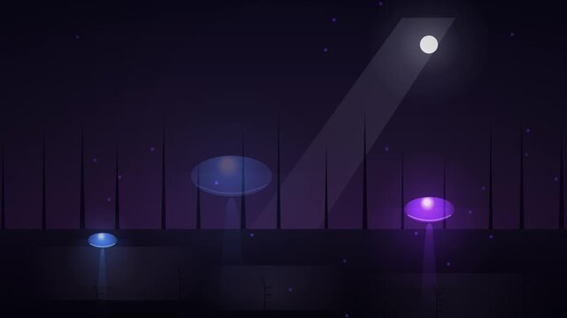 Futuristic blue satellite dishes and antennas against a dark looping night sky background