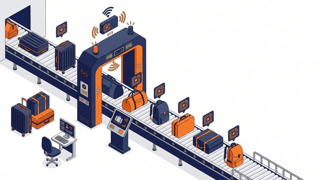 Smart Airport Luggage Scanner Conveyor Belt with RFID Tracking Isometric Illustration for Baggage Security System
