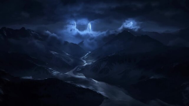 Lightning strikes above snowcovered mountains and glacier valley during dark storm