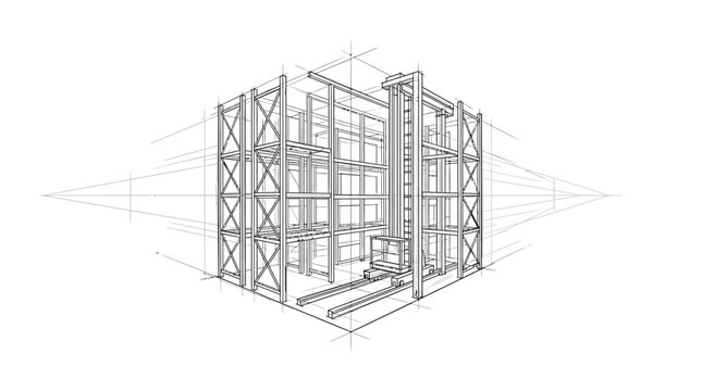 Automated warehouse racking system in a detailed line drawing shows a compact storage unit with a robotic forklift mechanism and parallel track lines.