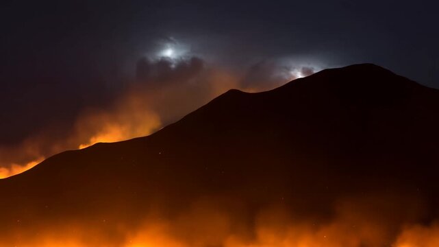 Volcanic mountain glowing beneath storm clouds as smoke and ash rise at night