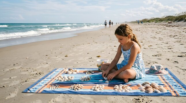 Young girl sits on a striped towel on a sandy beach collecting seashells with the ocean in the background