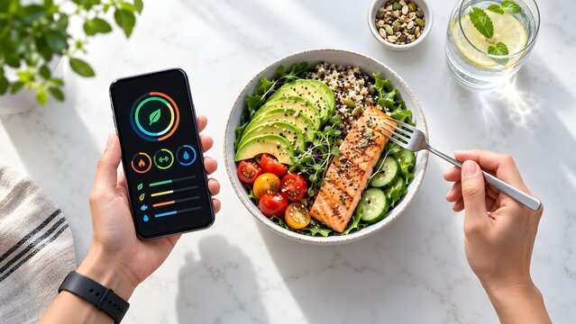 Person holding smartphone with health tracking app while eating a salmon avocado salad. Concept of digital wellness and modern dietary lifestyle.