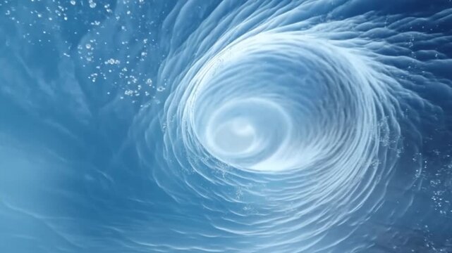 Water vortex with circular ripples and bubbles in blue liquid closeup