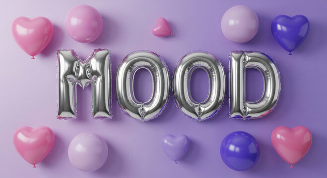 Silver Mood Balloon Letters with Pink and Purple Hearts