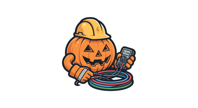 Cute pumpkin electrician with hard hat and multimeter vector illustration