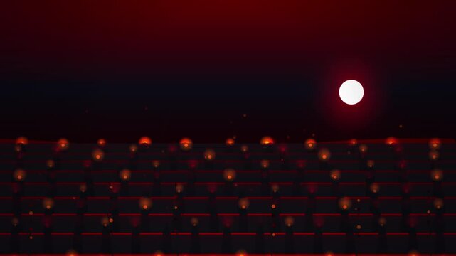 A haunting red horizon with a glowing white sun above rows of silhouetted figures in a dark, atmospheric looping background.