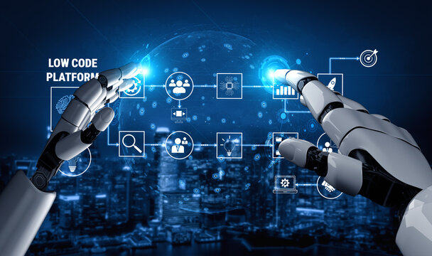 Futuristic Robotic Hands Interacting with Low Code Platform Icons Over a High-Tech Cityscape Background for Digital Innovation Concepts Quark.