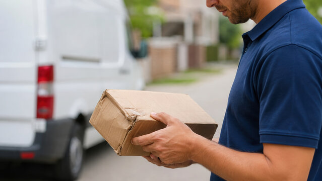 Damaged package inspection by delivery worker checking cardboard box beside delivery van during outdoor parcel handling