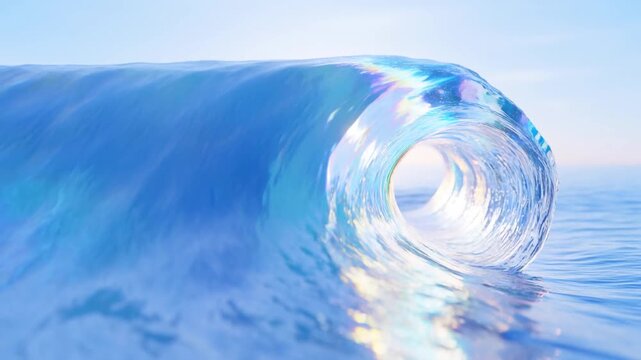Blue ocean wave forming a barrel with sunlight shining through the curling crest