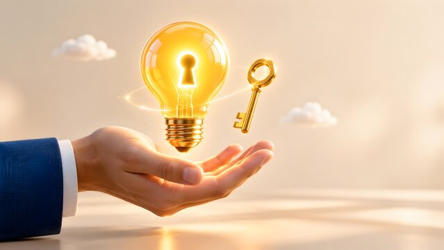 Hand of businessman holding glowing light bulb with keyhole and golden key. Concept of creative problem solving and corporate unlocking potential.