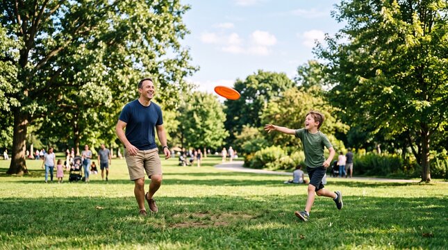 Father and son playing frisbee in a sunny park with green trees and blue sky