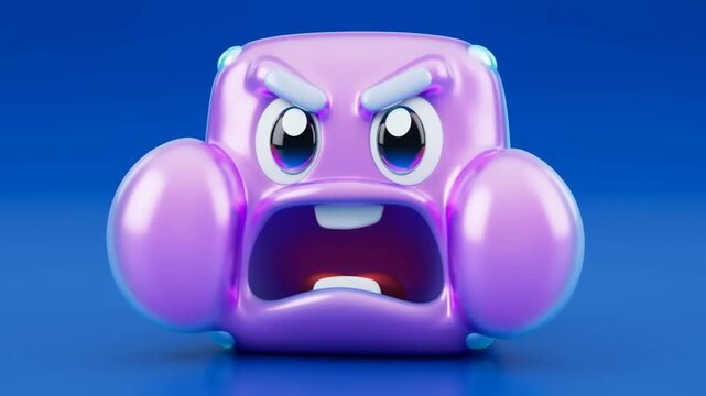 Angry Purple Cube Character on Blue Reflective Surface with Stern Facial Expression