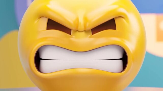 Angry yellow emoji face with frown against a bright geometric background