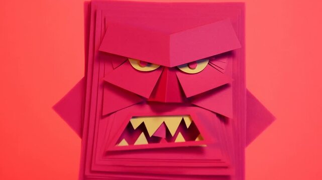 Angry Paper Monster Face with Sharp Teeth Against Bright Coral Background