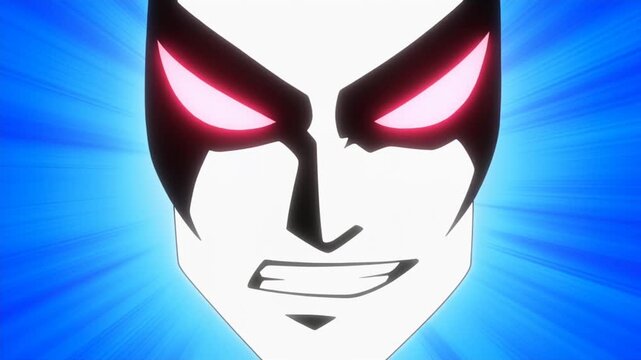 Stylized superhero face with glowing red eyes against blue radial background