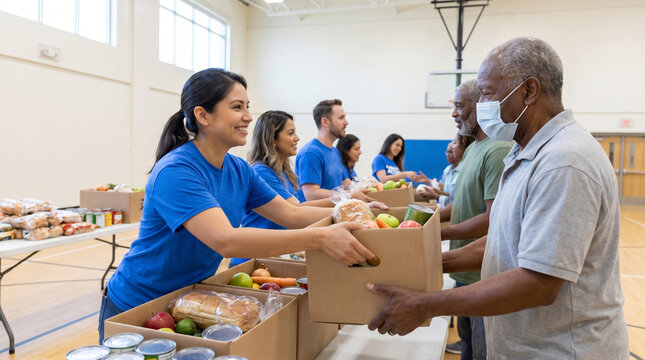 Smiling woman volunteer gives food donation box to senior african american man wearing face mask. Diverse volunteers distribute groceries at community food bank.