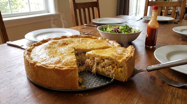Homemade chicken pot pie with golden flaky crust served on wooden dining table. Fresh green salad, plates and hot sauce set for family dinner.