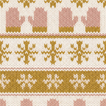 Mitten and Snowflake Fair Isle Seamless Pattern in Blush and Antique Gold Nordic Knit Christmas Winter Background
