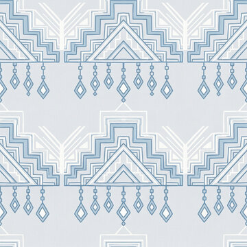 Pyramid Border Pendant Seamless Pattern in Ice Blue and Silver Folk Geometric Christmas Winter Background