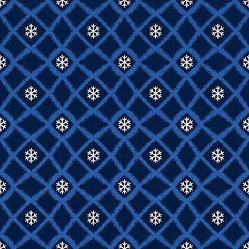 Feathered Diamond Snowflake Seamless Pattern in Indigo and Ecru Folk Geometric Christmas Winter Background