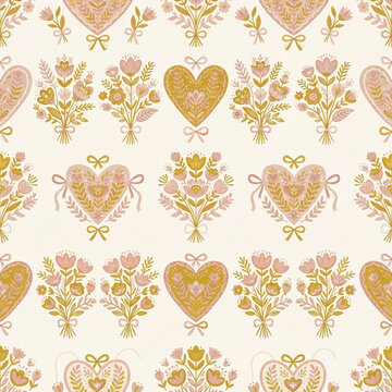 Heart Flower and Bow Seamless Pattern in Blush and Antique Gold Folk Floral Christmas Winter Background