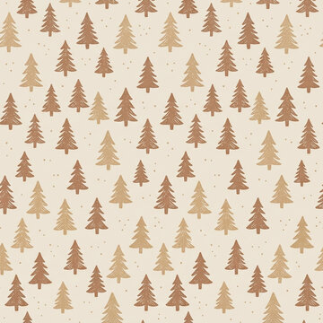 Fir and Spruce Forest Seamless Pattern in Camel and Clay Woodland Block Print Christmas Winter Background