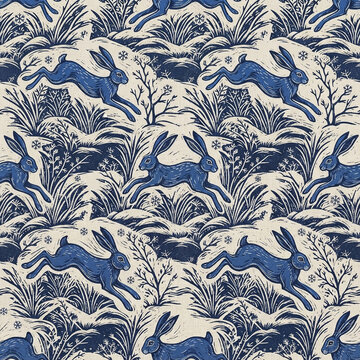 Leaping Hare and Grass Seamless Pattern in Indigo and Ecru Woodland Block Print Christmas Winter Background