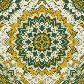 Mandala Rosette Tile Seamless Pattern in Forest Green and Mustard Ornamental Tile Christmas Winter Background