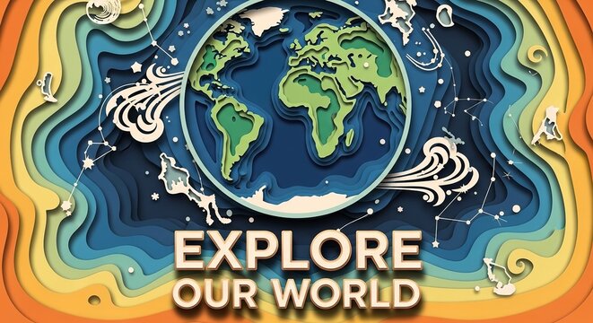 Earth globe illustration paper cut style with continents and explore our world text typography