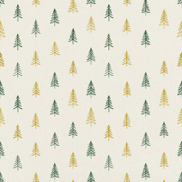 Outline Fir Tree Grid Seamless Pattern in Forest Green and Mustard Minimal Line Art Christmas Winter Background