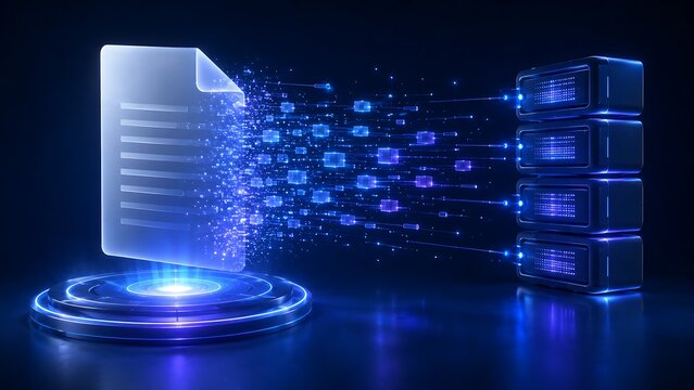 Digital Document Data Processing Into Secure Server Rack Storage Concept