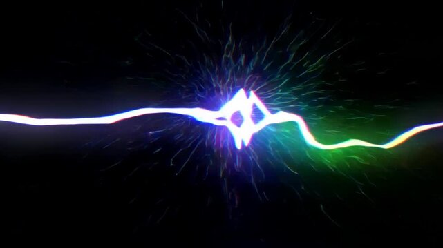 Neon lightning waveform fractures and reforms in dark abstract digital space