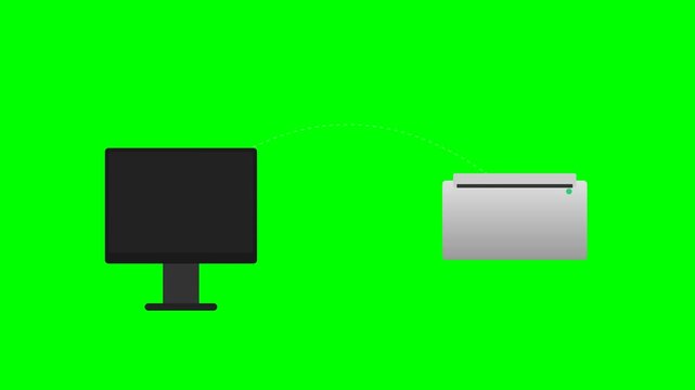 Animated wireless printing process from computer to printer with success checkmark on green screen