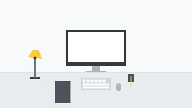 Minimalist 2D Flat Animation of Creative Workspace with Blank Computer Screen and Green Checkmark