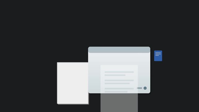 Modern Flat Animation of Document Scanning Process for Digital Data Management and Paperless Office