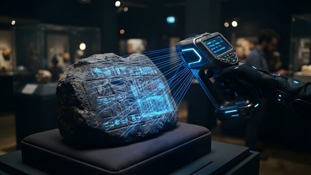 Futuristic scanner analyzing ancient cuneiform tablet with holographic display in museum