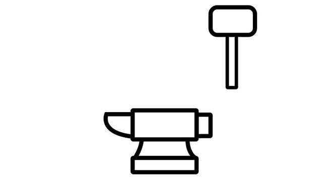 Animated black line art of a blacksmith hammer striking an anvil on a white background, creating sparks. Great for industrial, crafting, or forging themes.