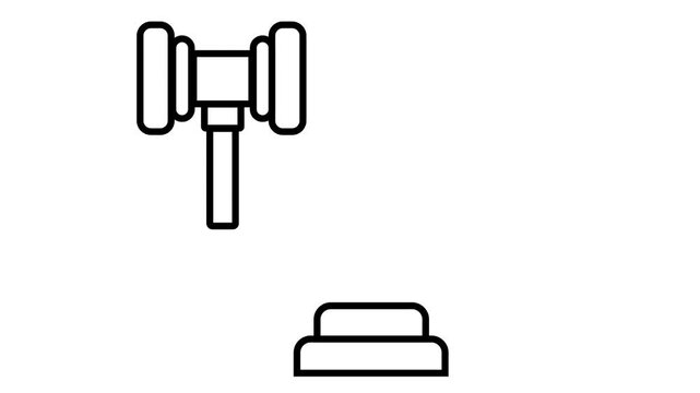Animated black line art of a judge gavel striking a sound block on a white background. Ideal for legal, justice, auction, or court-related visual content.