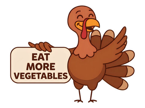 Cartoon turkey encouraging eating more vegetables