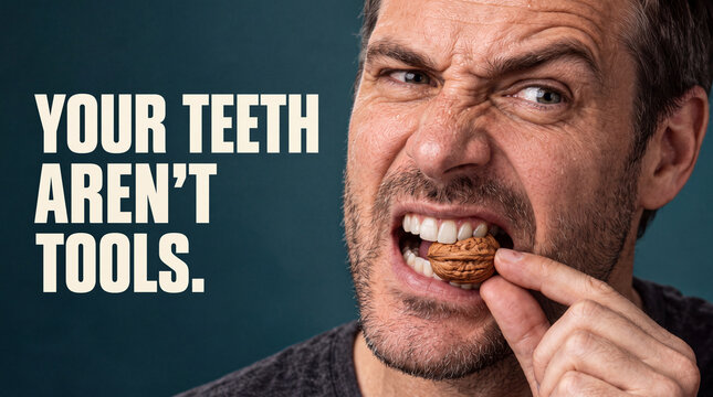 Dental Awareness Poster with Man Biting a Walnut and &ldquo;Your Teeth Aren&rsquo;t Tools&rdquo; Message